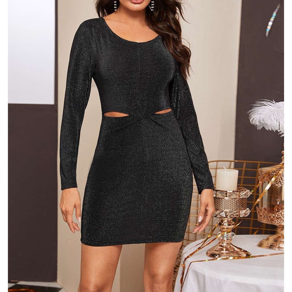 Black Glitter Cut Out Front Knot Party Dress Long Sleeve